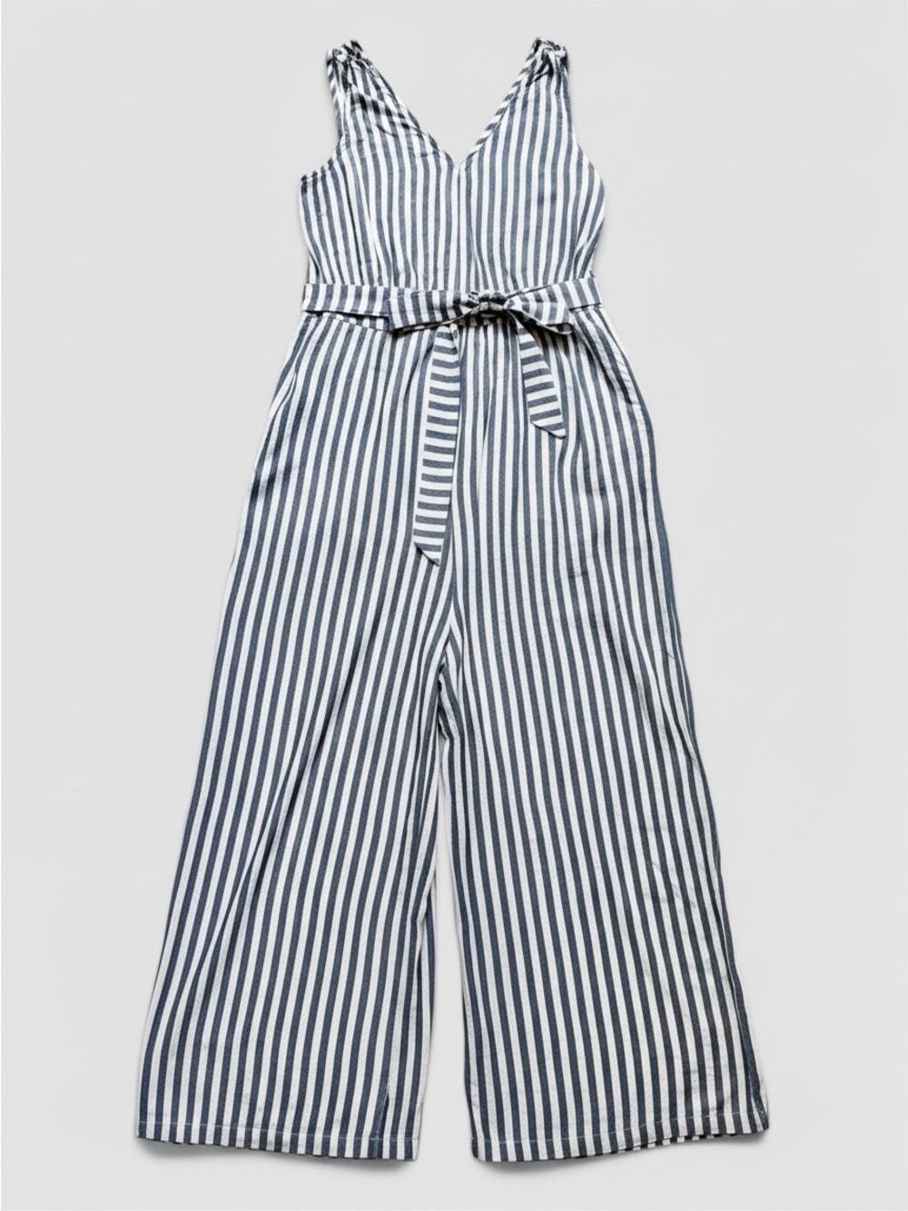 Hem & Thread Jumpsuit Womens L Blue White Stripe Wide Leg Tie Waist Coastal